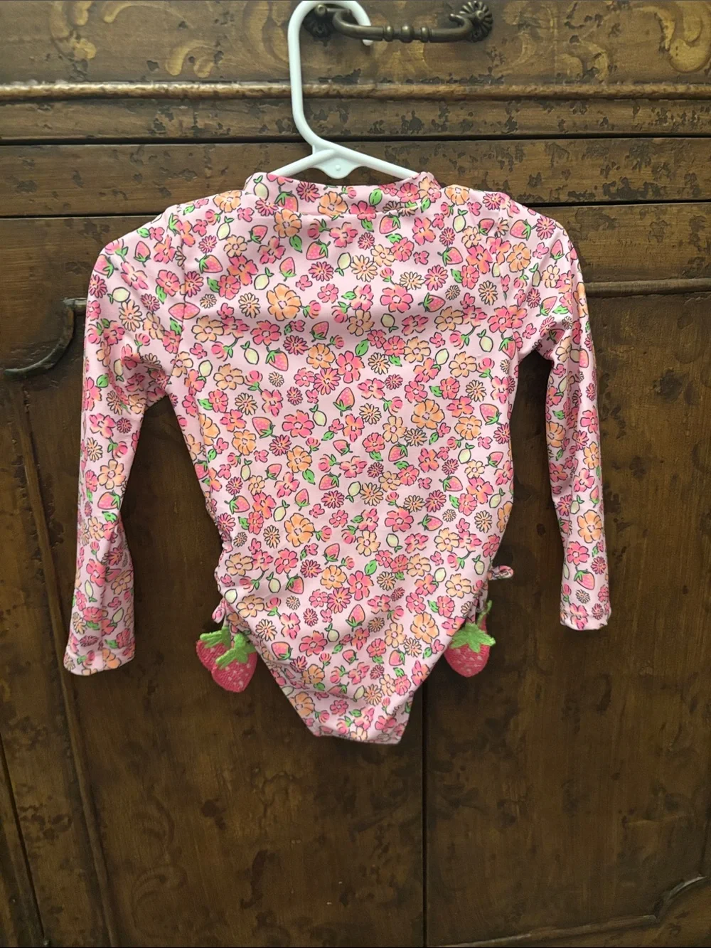 Pink Floral Long-Sleeve Girls Swim Suit with Strawberry Tassels